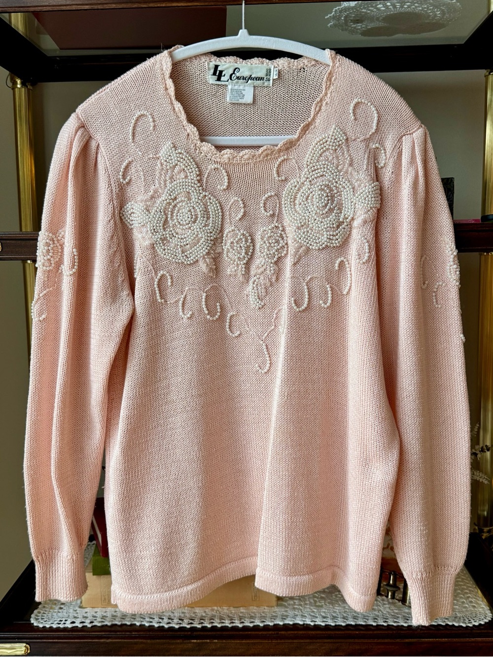 Vintage LL European Pink Pearl Beaded Floral Sweater Size M